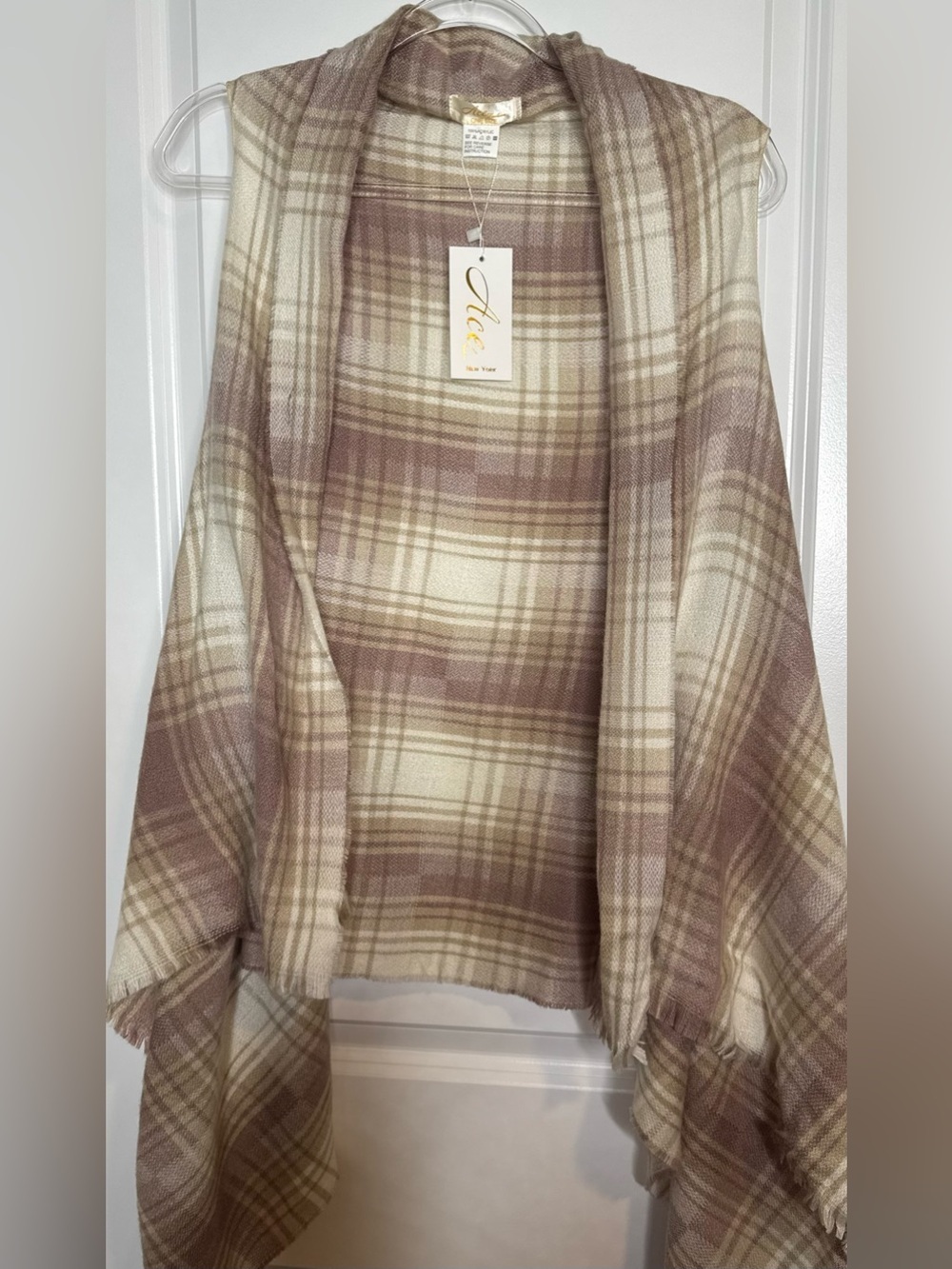 Ace fashion Plaid Shawl Vest cardigan in Cream & Mauve one size asymmetrical